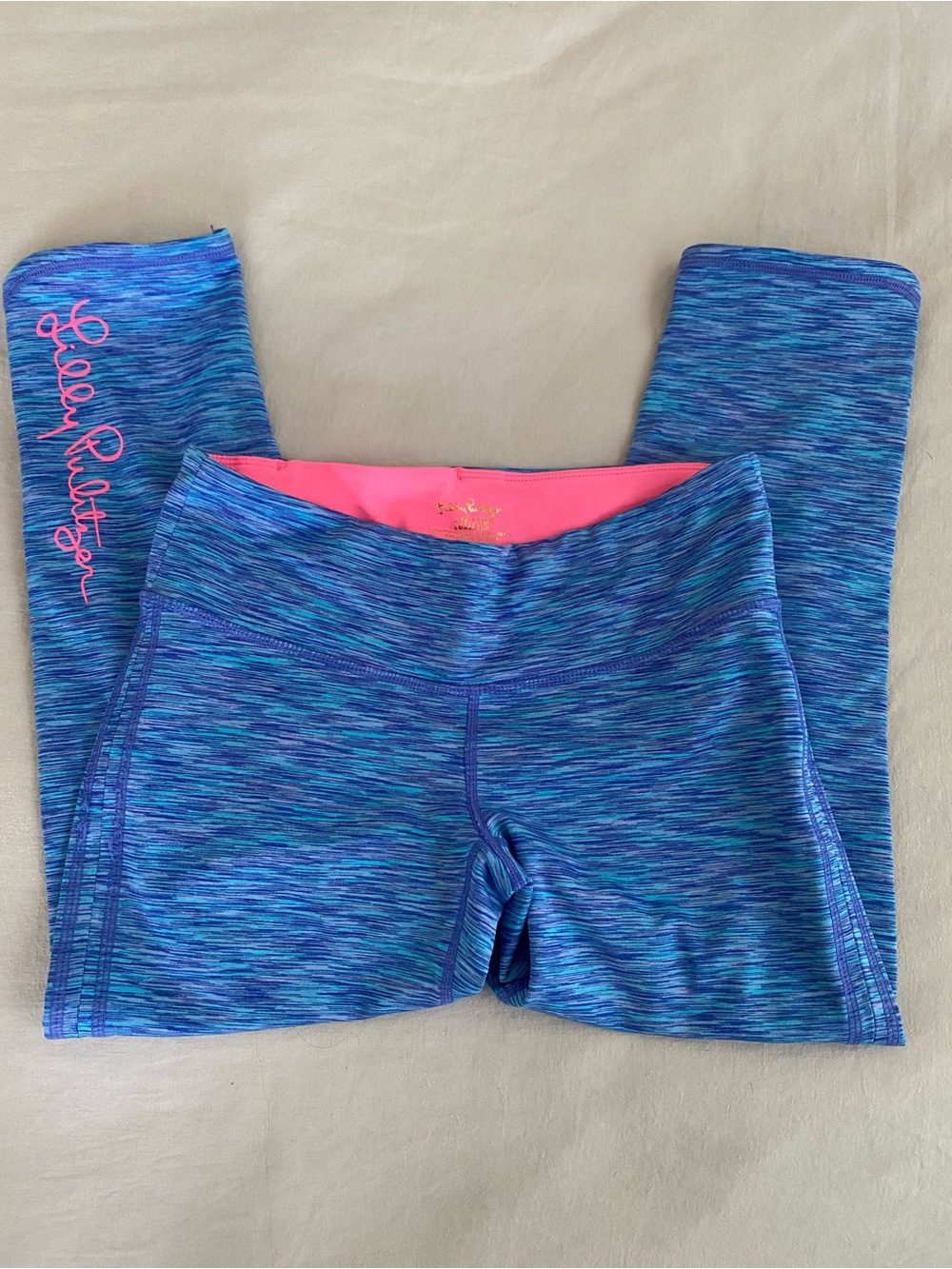 Lilly Pulitzer Women Blue Space-Dye Leggings with Pink Waistband Accent